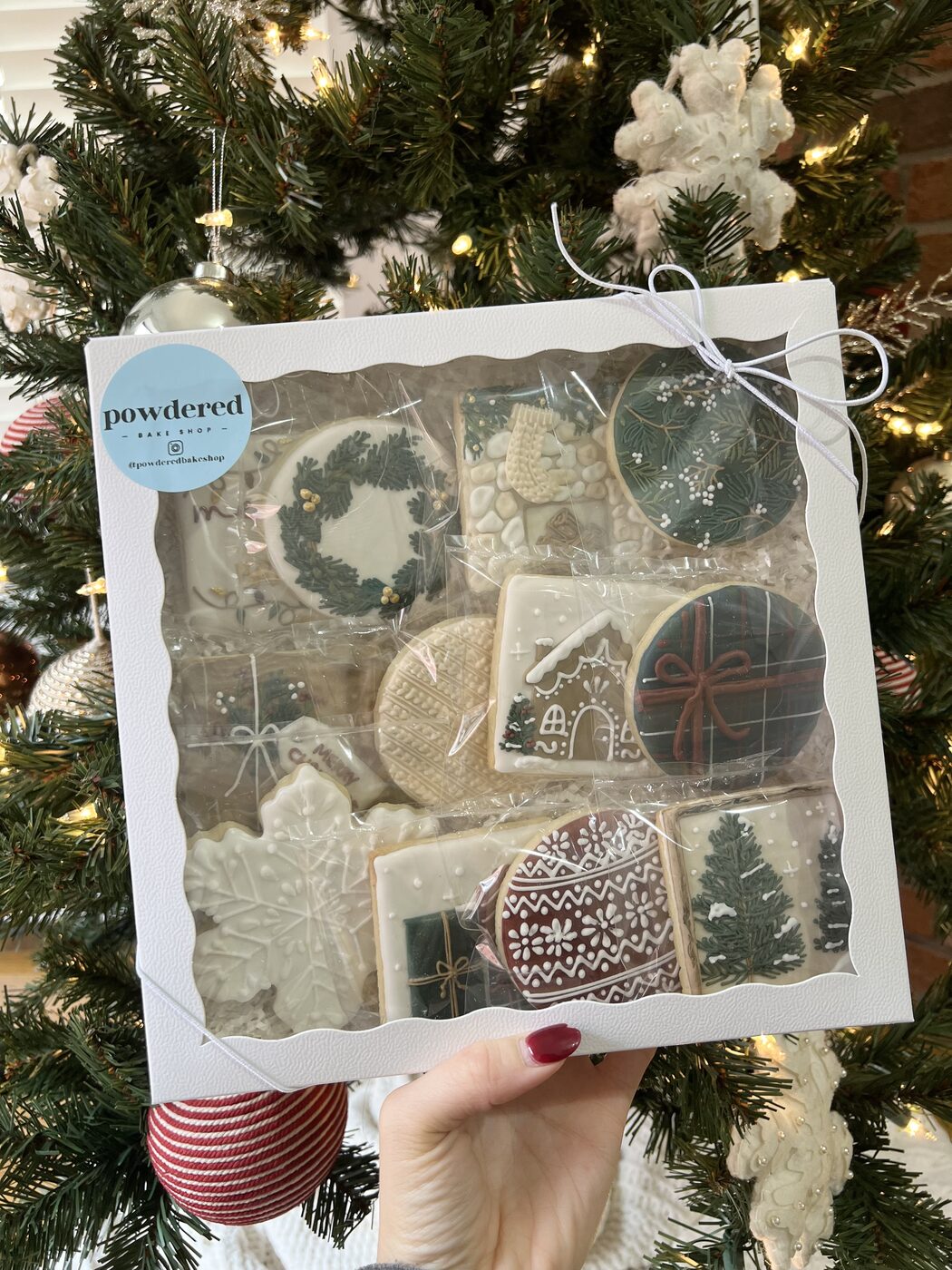 Holiday cookie gift box with wreath, gingerbread house, and pine designs held in front of a Christmas tree